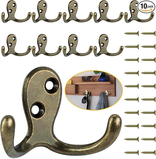 Homanu 10 Pack Coat Hooks, Heavy Duty Double Prong Coat Hooks Wall Mounted by Homanu