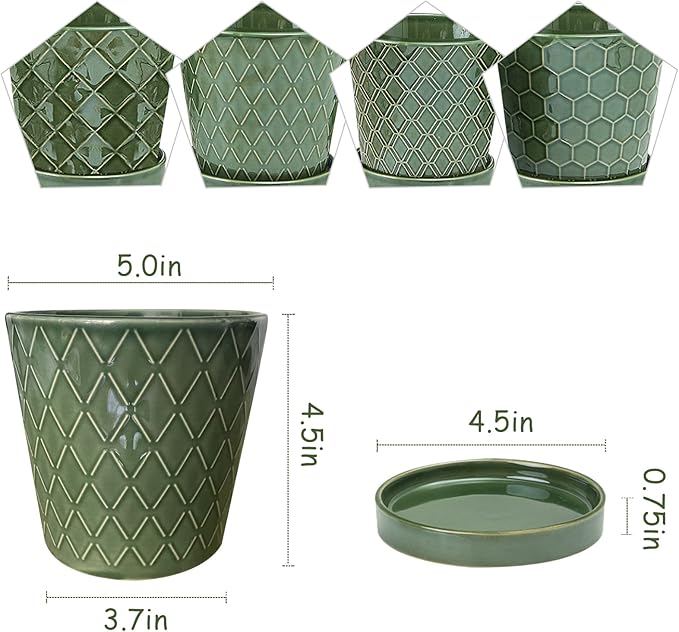 EFISPSS Flower Planter –5 inch Ceramic Plant Pots with Drainage Hole and Ceramic Tray - Gardening Home Desktop Office Windowsill Decoration Gift Set of 4 - Plants NOT Included