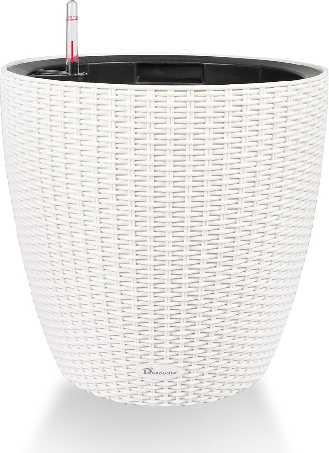 Dexceder 15x14 Rattan Self Watering Planter with Wheels Indoor Outdoor, Inner Pot Design, Thickened Large Floor Standing Flower Plant Pot with Water Level Indicator (Ivory White)