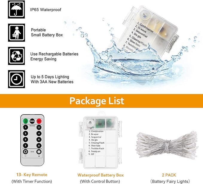 2 Pack 36ft 100 LED Battery Operated String Lights with Remote Timer Waterproof 8 Modes String Lights for Bedroom, Garden, Easter, Party, Christmas Indoor and Outdoor Decorations -Cool White