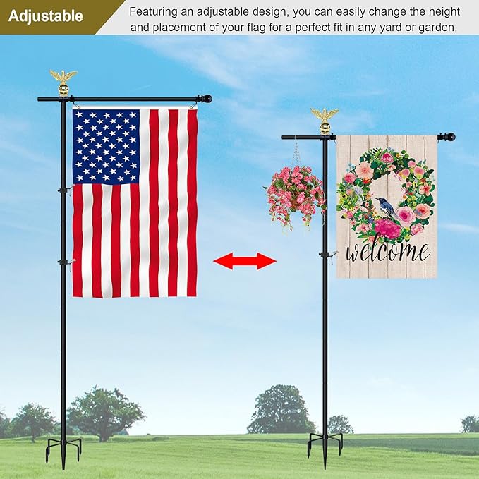 10FT Garden Flag Pole Stand for 3x5 Feet & 28x40 Inch Flags – Heavy Duty Freestanding Flagpole with 5-Prong Base – Adjustable, Lightweight Aluminum Flag Holder for Yard, Outdoor, Lawn – Black