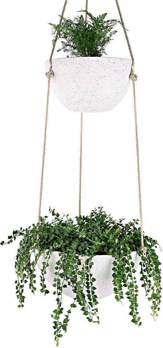LA JOLIE MUSE 2 Tier Hanging Planters for Indoor & Outdoor Plants - Modern Flower Pots with Rope, Garden Planters with Drain Holes, Speckled White