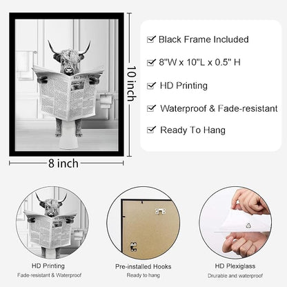 KBKBART Funny Highland Cow Wall Art Set of 3, Rustic Farmhouse Bathroom Cow - Image 2