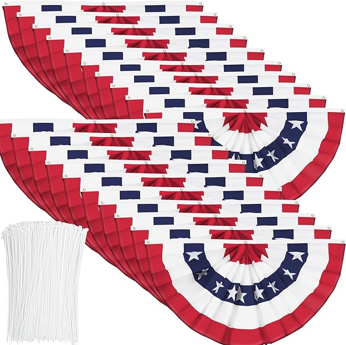20 Pieces USA Pleated Fan Flag 1.5x3 FT American US Bunting Flag Patriotic Half Fan Banner Flag with Canvas Header and Brass Grommets for 4th of July Memorial Day Indoor Outdoor Decoration (20, 1.5x3 Feet)
