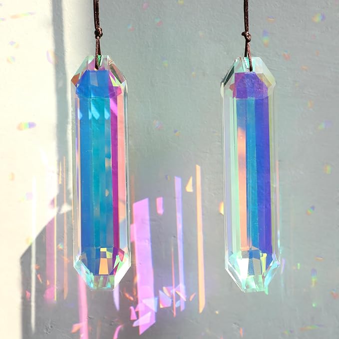 2 Pack 5" Large Crystal Sun Catchers, HYBEADS Hanging Ornaments for Windows Retangle Prism Suncatchers for Garden Home Decor Office Living Room Windows Crystal Rainbow Maker
