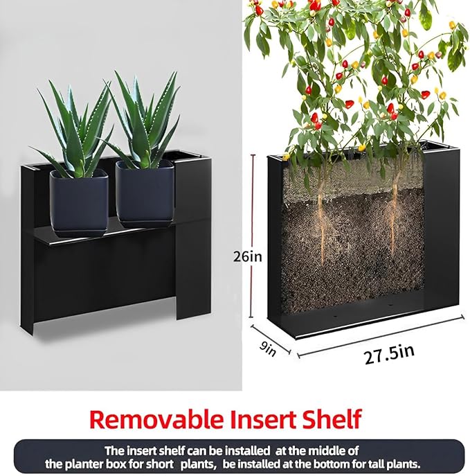 Metal Tall Long Planter Box Large Rectangular Planter Flower Pot with Drainage Holes for Indoor Outdoor Deck Porch Garden Home Patio Front Door (Black, S)