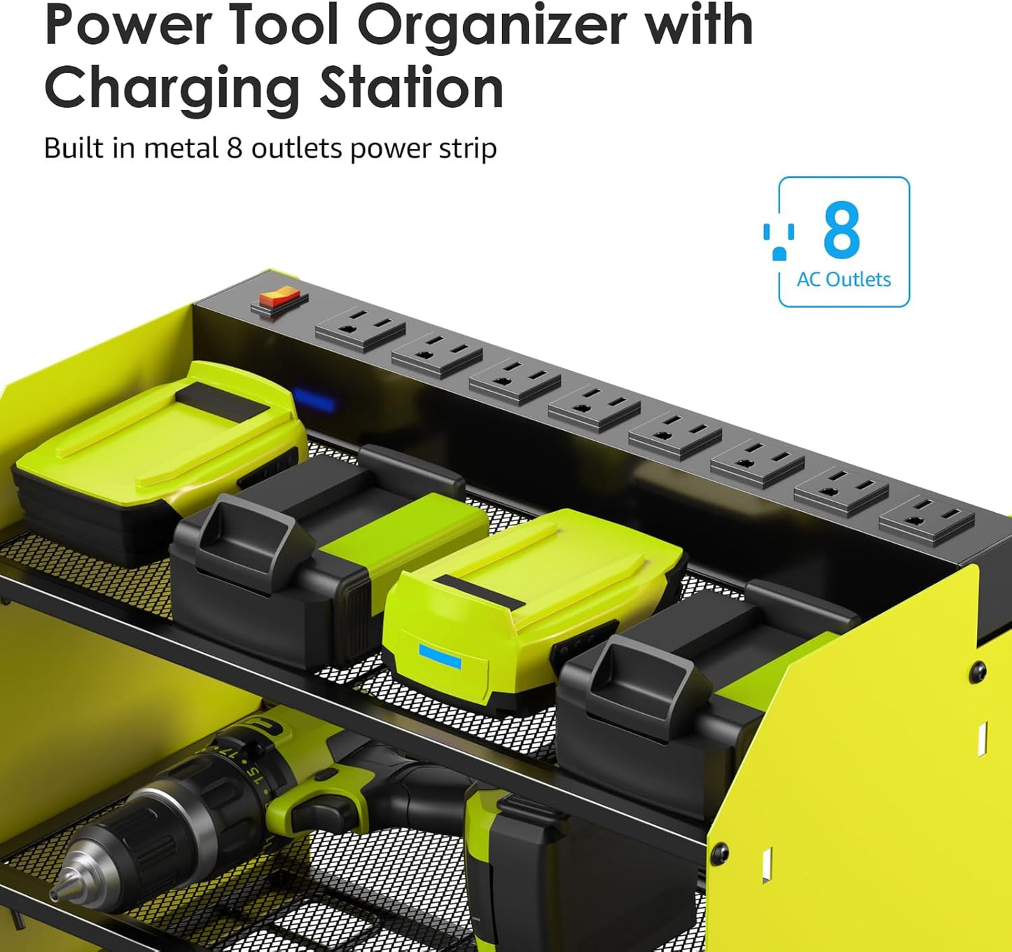 CCCEI Modular Power Tool Organizer Wall Mount Charging Station, Green 6 Drills Holder with 8 Plug Power Strip 6FT, Garage Drill Battery Heavy Duty Metal Shelf, Utility Rack with Hooks, Side Storage.