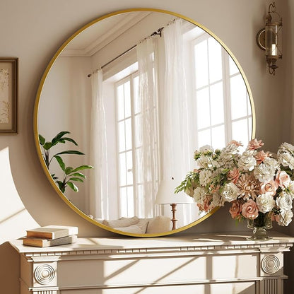 XRAMFY 42 Inch Round Gold Metal Wall Mirror by XRAMFY