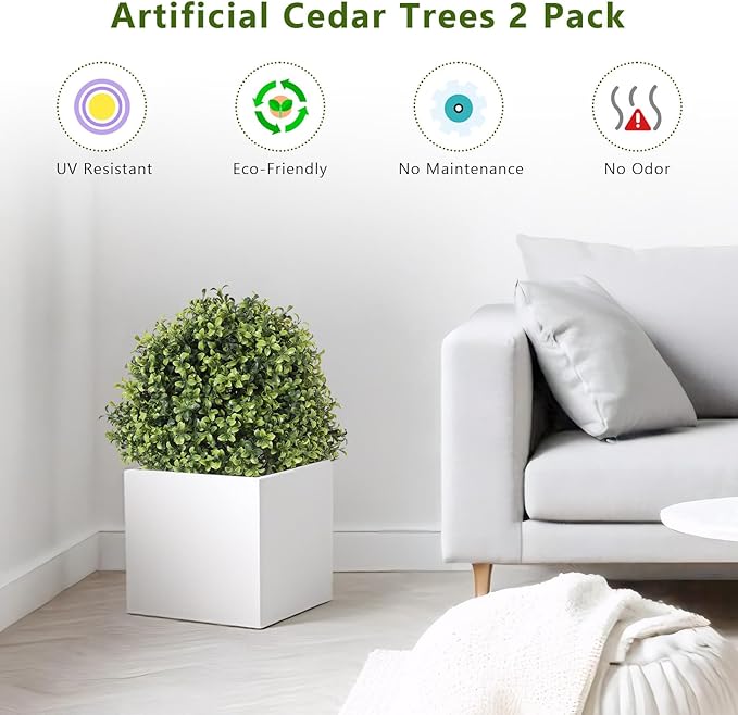 THE BLOOM TIMES 2ft Faux Boxwood Plants Outdoor Set of 2, Topiary Balls Artificial Outside Trees, 24" UV Resistant Fake Greenery Bushes & Shrubs for Front Porch Planter