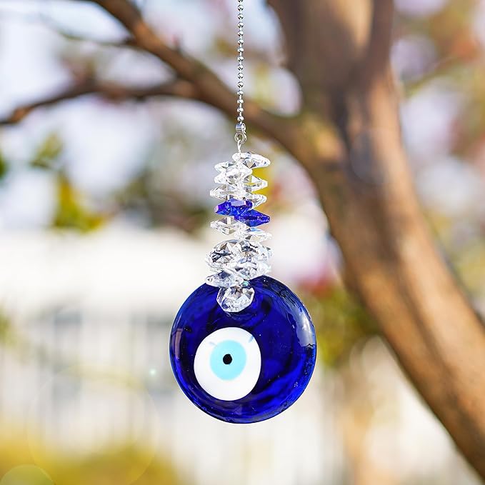 Blue Glass Evil Eye Talisman with Crystal Beads - Good Luck Charm, Home, Office, Car Decoration, Blessing Ornament, Reflects Negative Energy