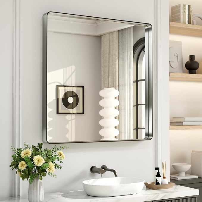 LOAAO 36X36 Inch Brushed Nickel Bathroom Mirror, Rounded Rectangle Silver Metal - Image 8