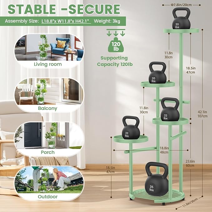TOSKING 5 Tier Metal Plant Stand Indoor， Plant Shelf, Corner Shelf Flower Pot Stand for Outdoor Plant Stand for Living Room Balcony Garden Patio Bedroom (Green, 42inches)
