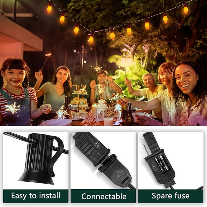 25FT LED Halloween Outdoor String Lights with 26 C9 Candle Shape Shatterproof Plastic Bulbs,2700K Waterproof Connectable Orange LED String Lights for Home Garden Halloween Christmas Fall Decor