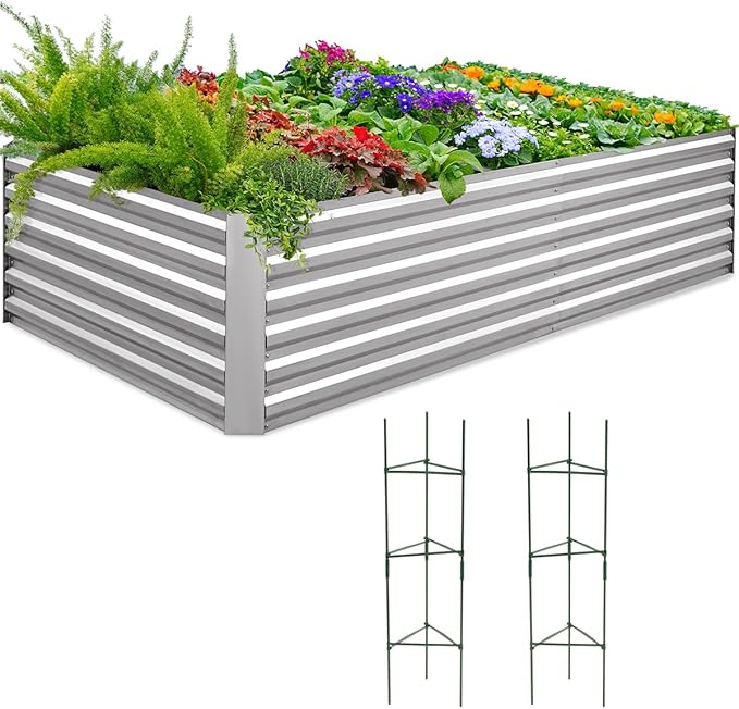 Quictent Galvanized Raised Garden Bed 8x4x2 Ft Tall Metal Planter Box for Vegetables Outdoor Bottomless for Backyard, 2 Tomato Cages Included, 22.04" Deep (Silver)