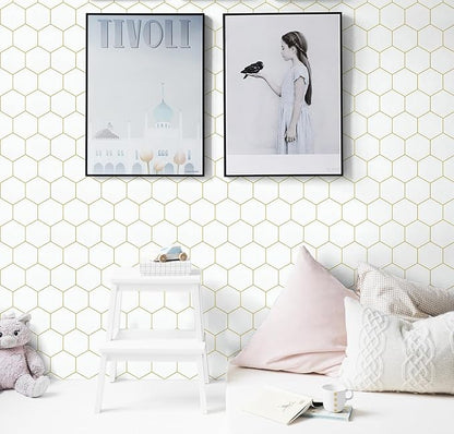 Hexagonal Wallpaper Geometric Peel and Stick Wallpaper 17.3”×197”Gold and White - Image 4