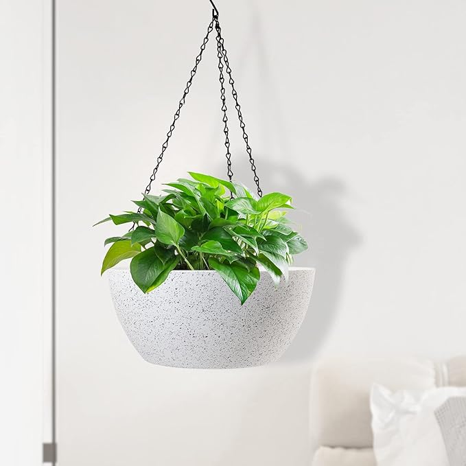 13 inch Large Hanging Planters Plant Pots for Outdoor Indoor Plants with Drainage Holes and Chain, 2 Pack Round Hanging Flower Pots for Garden Home Porch Decor, Speckled White