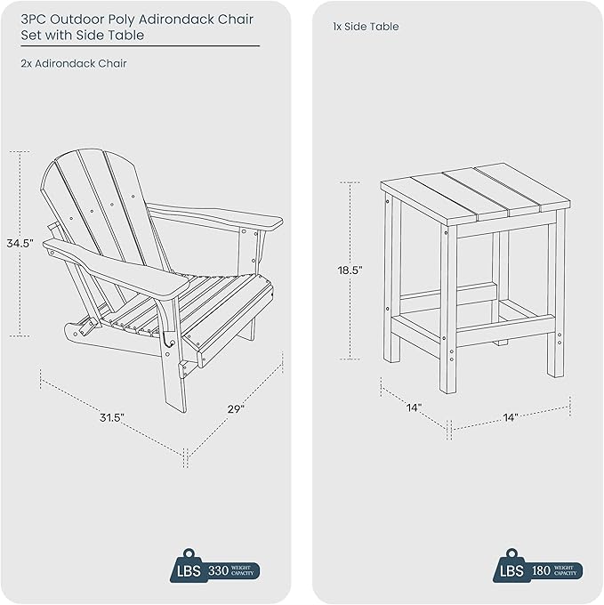 WO Home Furniture Adirondack Chair Table Set of 2 PCS Outdoor Folding Chair w Side Table Weather/UV Resistant for Lawn, Garden, Bon Fire, Balcony (Pacific Blue)