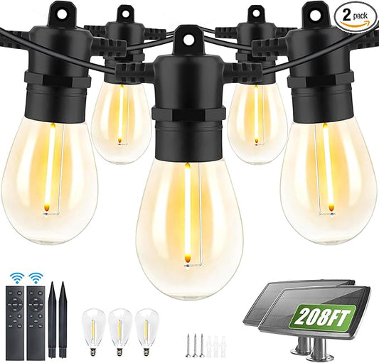 208FT(196+12) Solar String Lights Outdoor Waterproof, Solar Powered Patio Light with 60+3 Dimmable S14 Edison Bulbs Shatterproof & Remote Control, Solar String Lights for Outside Garden Backyard