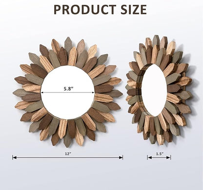 Honiway Boho Wall Decor Mirror 2 Pack 12 inch Rustic Wood Decorative Mirror - Image 6