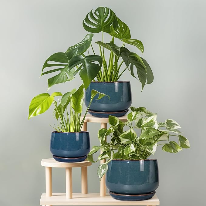 G EPGardening Ceramic Planter 6 Inch - Round Modern Ceramic Pot for Plants with Drainage and Plant Tray Indoor for Flower, Apartment Decor, Housewarming Gifts New Home, Retro Blue