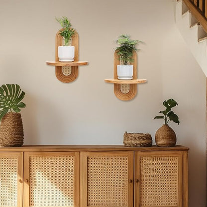 Floating Shelves for Wall, Boho Home Wall Decor, Rattan Plant Shelf Set of 2 - Image 5