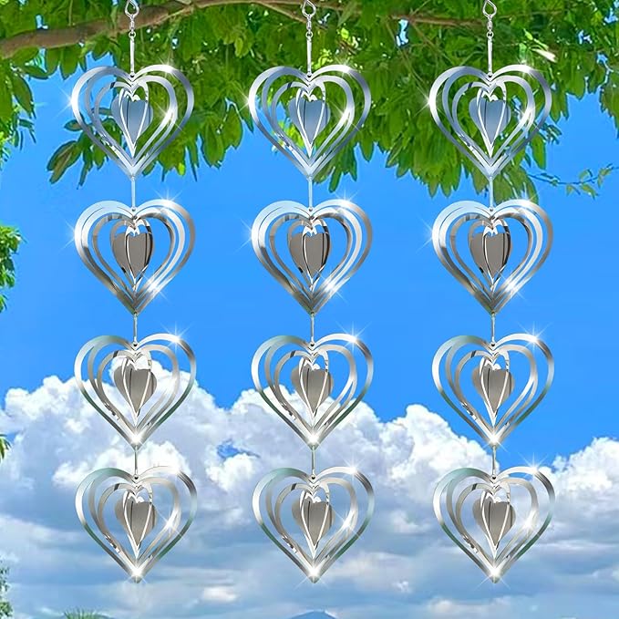 12 Metal Heart Bird Scarer Discs Set, Wind Spinners 3D Helix Reflector Stainless Steel Sparkly Outdoor Garden Decor, Scare Birds & Animals Away from Garden Yard Patio Lawn Farm Wind Sculpture Gifts