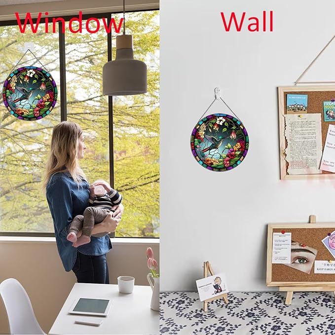 Hummingbirds and Flowers Pattern Suncatcher Stained Glass,Hanging Stained Glass for Windows,20cm/7.87inch Hand-Painted Sun Catcher Garden Hangings Painted Glass Panel Decor Themed Gift