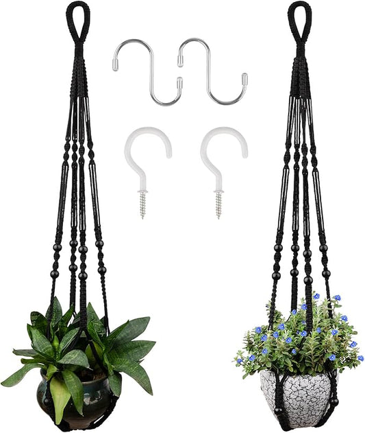RIFNY Macrame Plant Hanger for 5 to 10 Inch Plant Pots, 35 Inch Woven Rope Hanger Kits with Hooks and Wood Beads, Hanging Planter Basket for Indoor Boho Home Decor (Black, 2 Pack)