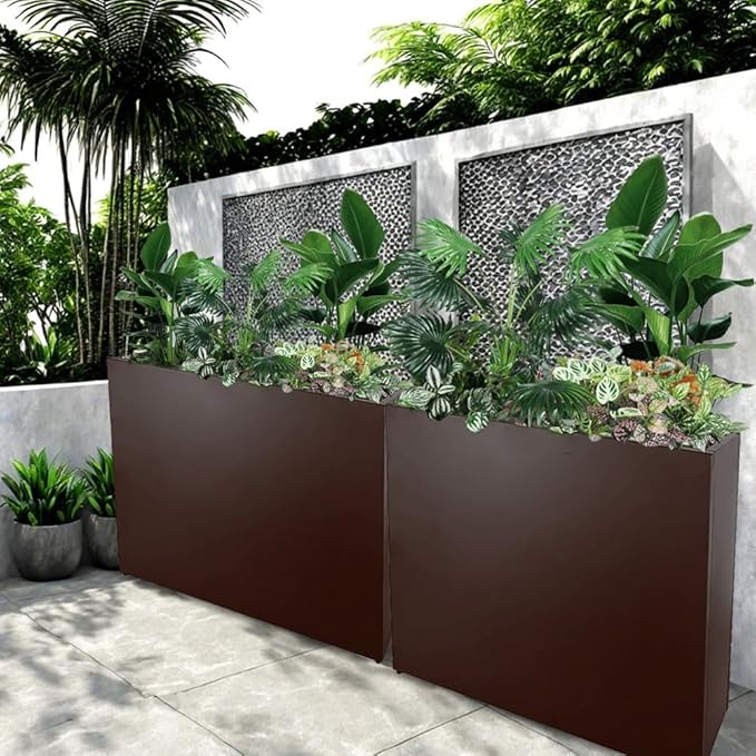 Metal Tall Long Planter Box Large Rectangular Planter Flower Pot with Drainage Holes for Indoor Outdoor Deck Porch Garden Home Patio Front Door (Espresso, L)