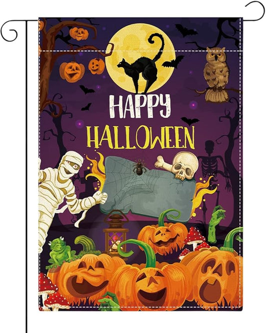 Happy Halloween Garden Flag Halloween SpookyGhost Skeleton Bats Garden Flag 12x18 inch Double Sided Holiday Decorations for Yard Outside Lawn (Flay 1811)