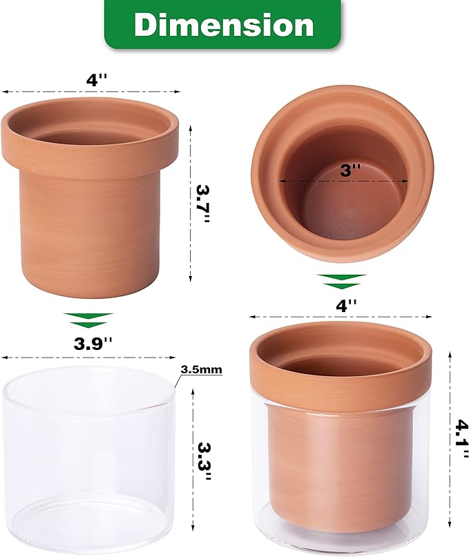 Phoenix Vine 4 Inch Self Watering Planter Pot, Terracotta Clay Pot with Glass Reservoir for Indoor Plants, Herbs, Flowers, Set of 4, 52-A-E-4