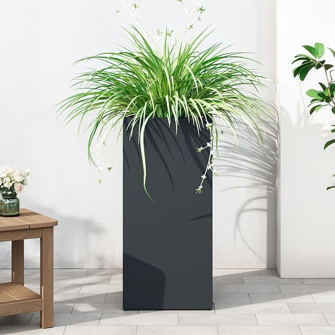 Stoog 30" Tall Planters for Outdoor Plants, All-Weather Metal Planter Boxes Set of 4, with Removable Insert Shelf, Modern Design, Indoor/Outdoor Use, Black