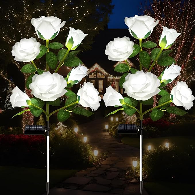2 Pack Solar Garden Lights Outdoor, 7-Flower Rose LED Stake Light for Yard Patio Pathway Lawn Fence Cemetery, White