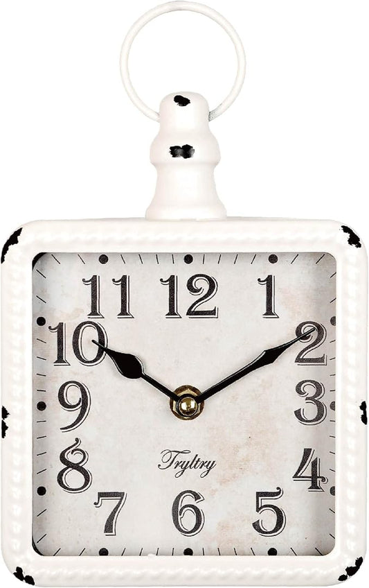 Retro Rectangle Small Wall Clock, Battery Operated Silent White Vintage Decor by TRYLTRY