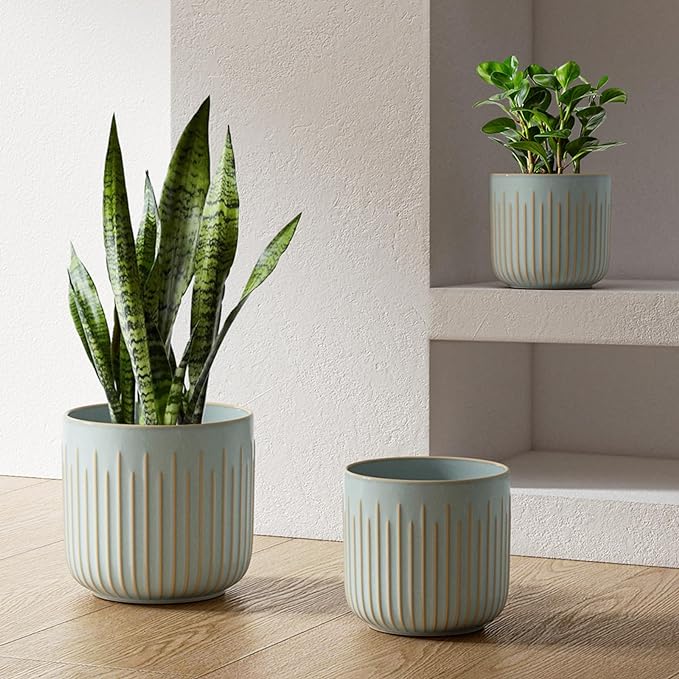 LE TAUCI Fluted Ceramic Planters Set of 3 – 8.3/7 / 5.7 in Blue Gray Reactive Cylinder Indoor Plant Pots with Drainage Plug & Mesh, Glossy Stoneware Flower Pots for Succulents Herbs