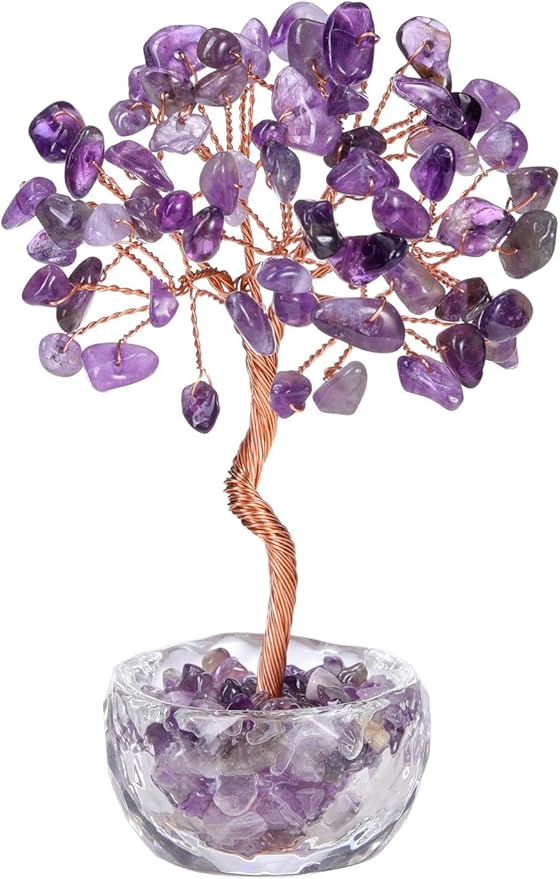Jovivi Small Amethyst Crystals Tree, Natural Crystal Healing Stones Tree Glass Bowl Base Gemstone Money Trees Feng Shui Good Luck Home Desk Decor