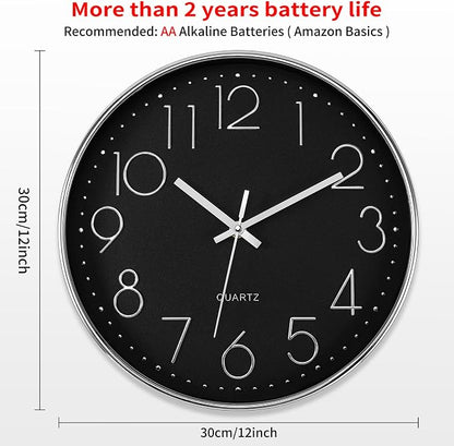 Foxtop Silver Wall Clock Silent Non-Ticking Battery Operated Round Modern Wall - Image 2