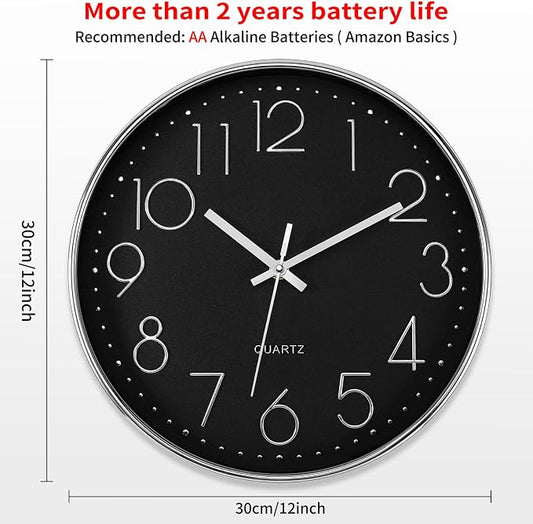 Foxtop Silver Wall Clock Silent Non-Ticking Battery Operated Round Modern Wall - Image 2