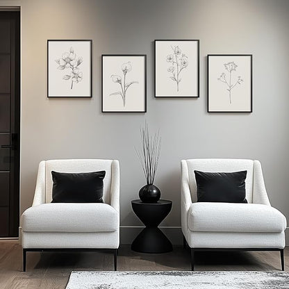 Framed Black and White Floral Wall Art, 4 Piece Vintage Gray Botanical Canvas - Image 3