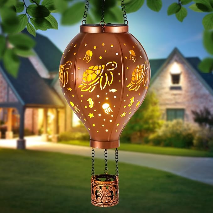 Hot Air Balloon Solar Lights Outdoor Sea Turtle Metal Hanging LED Light Solar Lantern Waterproof Light for Garden Patio Yard Porch Christmas Decor Gifts for Women Mom Friends