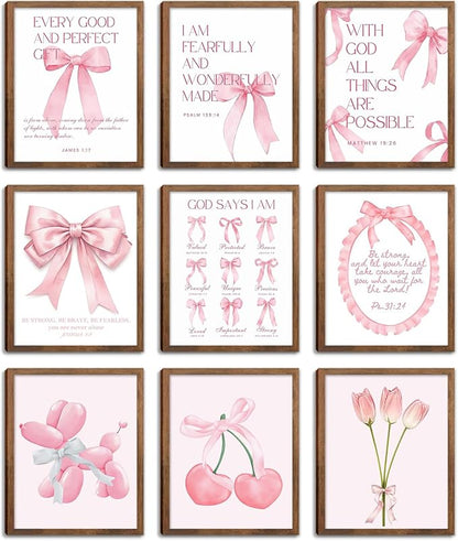 Pink Bows Bible Verse Christian Canvas Wall Art Set of 9, Trendy Posters Prints by Unknown
