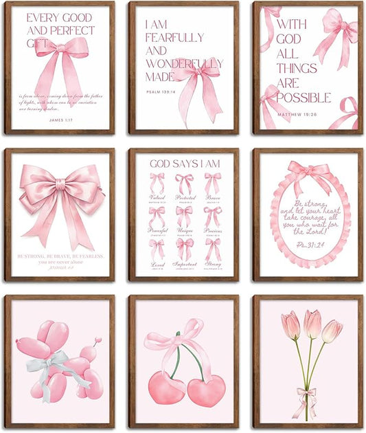 Pink Bows Bible Verse Christian Canvas Wall Art Set of 9, Trendy Posters Prints by Unknown