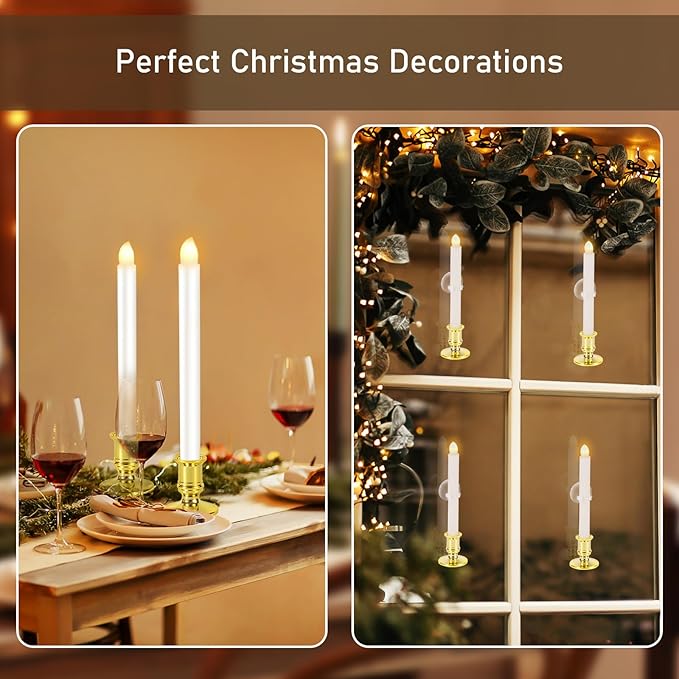 12 Pack Christmas Window Candles, Battery Operated Window Candles with Timer Remote, Candle Holder Suction Cup for Christmas Decorations, Gold