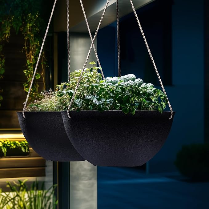 LA JOLIE MUSE Hanging Planters for Outdoor Plants, Large Hanging Planter with Drain Holes, Black Hanging Flower Pots (13.2 Inch, Set of 2)
