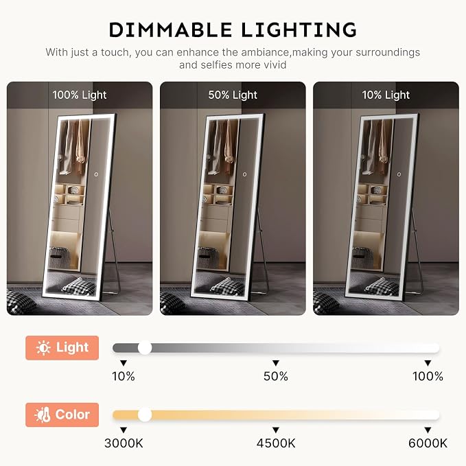 Kosmonia 67x20 Full Length Mirror, Dimmable 3 Color LED Light w/Light Memory - Image 6
