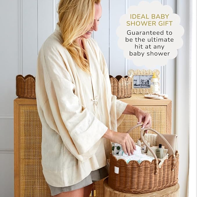 BEBE BASK Premium Baby Changing Basket - Artisan-Crafted Scalloped Rattan - Changing Basket for Baby Dresser - All Accessories Included - Complete Set for Nursery (Mocca)