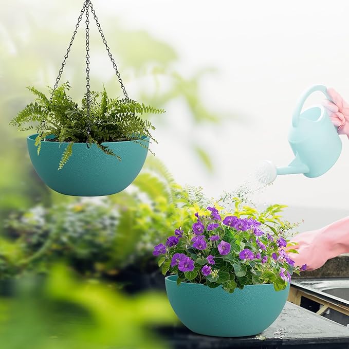 13 inch Large Hanging Planters Plant Pots for Outdoor Indoor Plants with Drainage Holes and Chain, 2 Pack Round Hanging Flower Pots for Garden Home Porch Decor, Blue Green