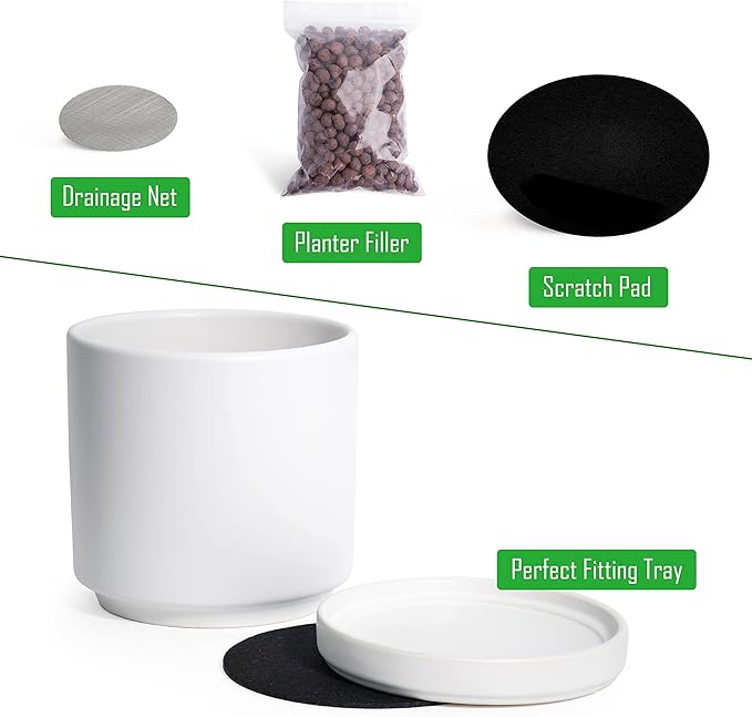 D'vine Dev Ceramic Planter Pot with Drainage Hole and Saucer, Indoor Cylinder Round Flower Pot, 4.6 Inch, White, 94-O-B-1