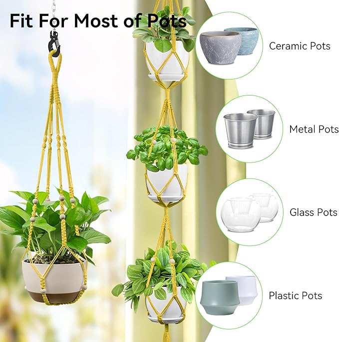USLAI Macrame Plant Hanger Indoor Outdoor, Up to 4-15 inch Pot, Heavy 20lb Planters, Extra Long Strong Hanging Planter Basket Holder, Boho Home Decor, 35+72 Inch, Yellow (POTS NOT Included)