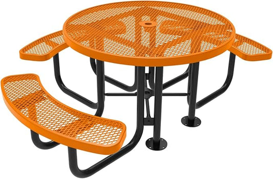 Heavy-Duty Portable ADA-Compliant Outdoor Picnic Table with Umbrella Hole, Expanded Metal Patio Dining Furniture Made in America (46" Round Top, Textured Orange)